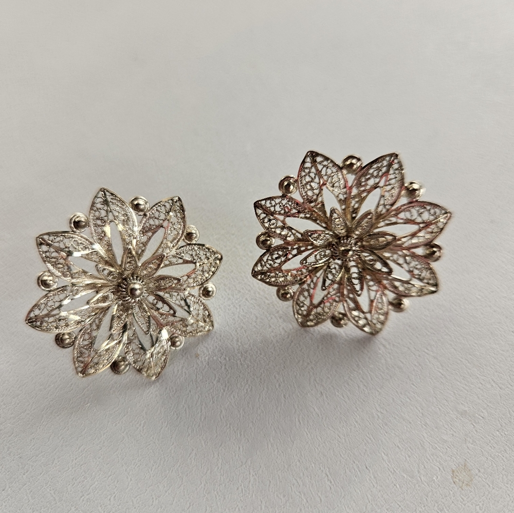 Sterling Silver Filigree Flower Earrings | SZ  1"